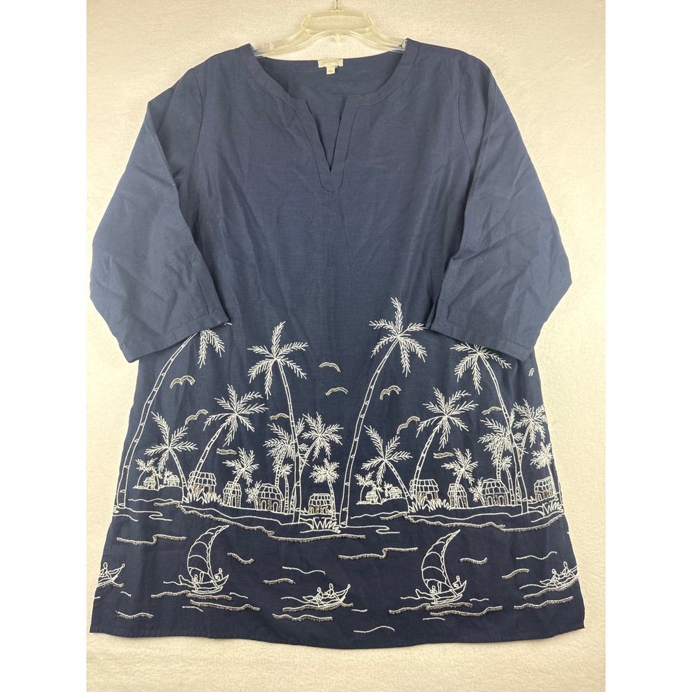 Talbots Navy Linen Blend Tropical Embroidered Tunic Top L Palm Tree Sailboat